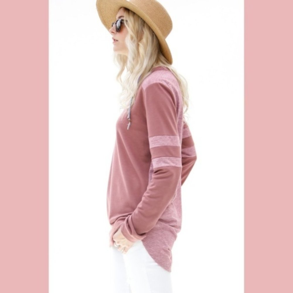 Long Stripe Sleeve Casual Top Pink High Low - Picture 5 of 8